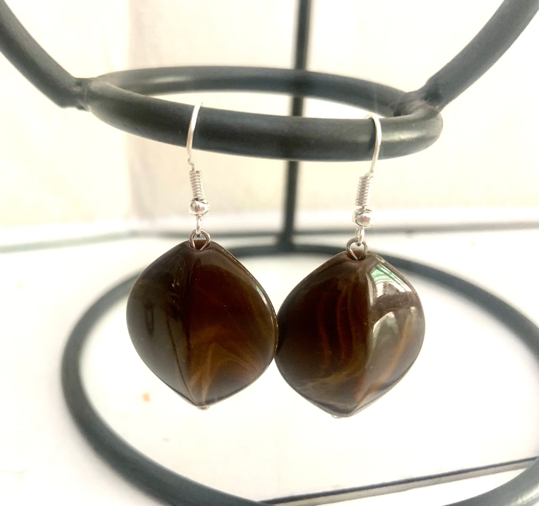 Silver Steel Earrings with Wood Tone Bead