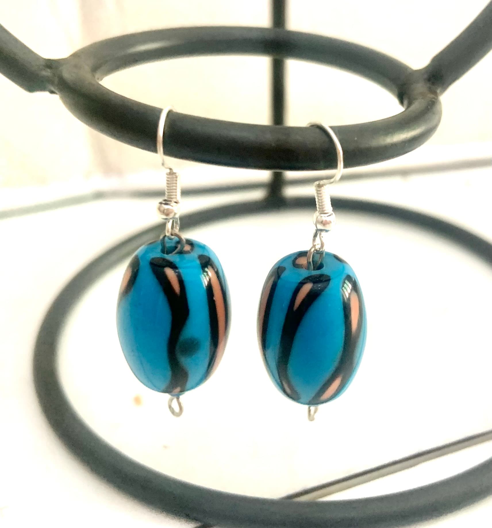 Silver Steel Earrings with Blue Vintage Bead