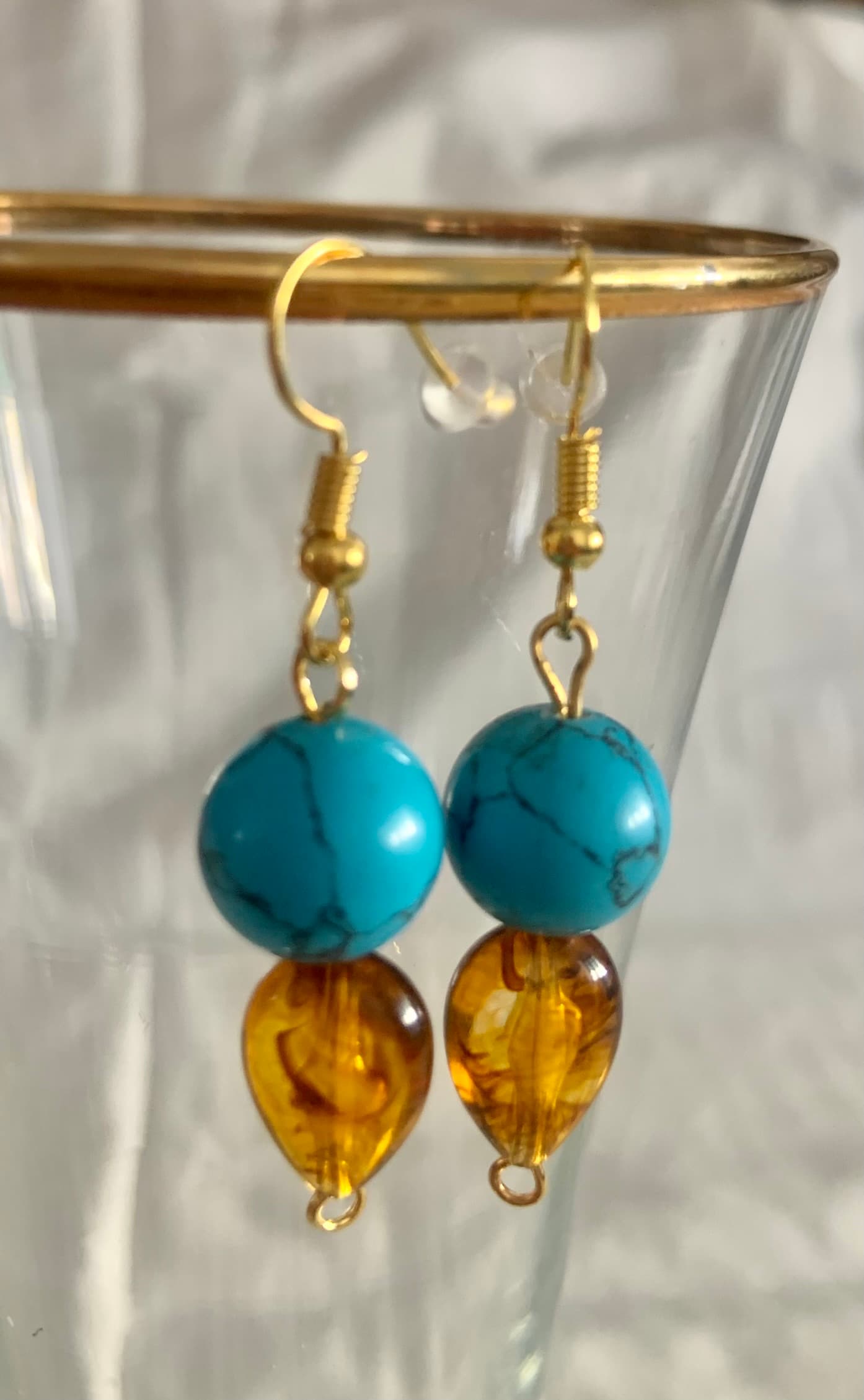 Earrings with Turquoise and Amber Tone Beads