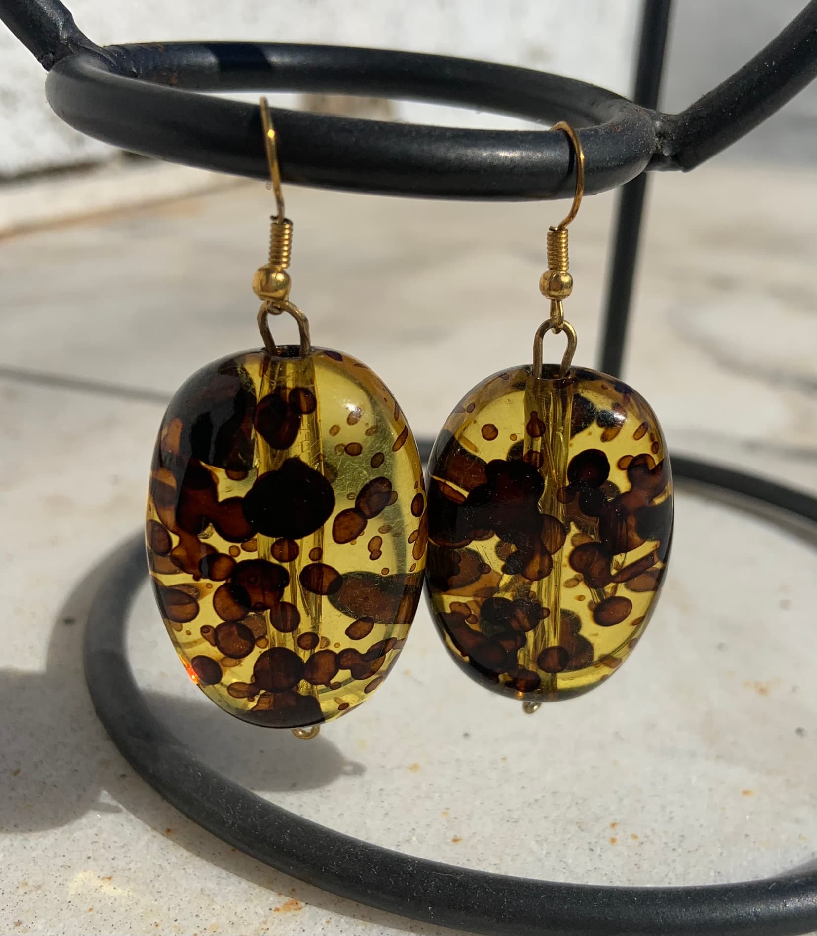 Silver Steel Earrings with Huge Bead Amber Tone