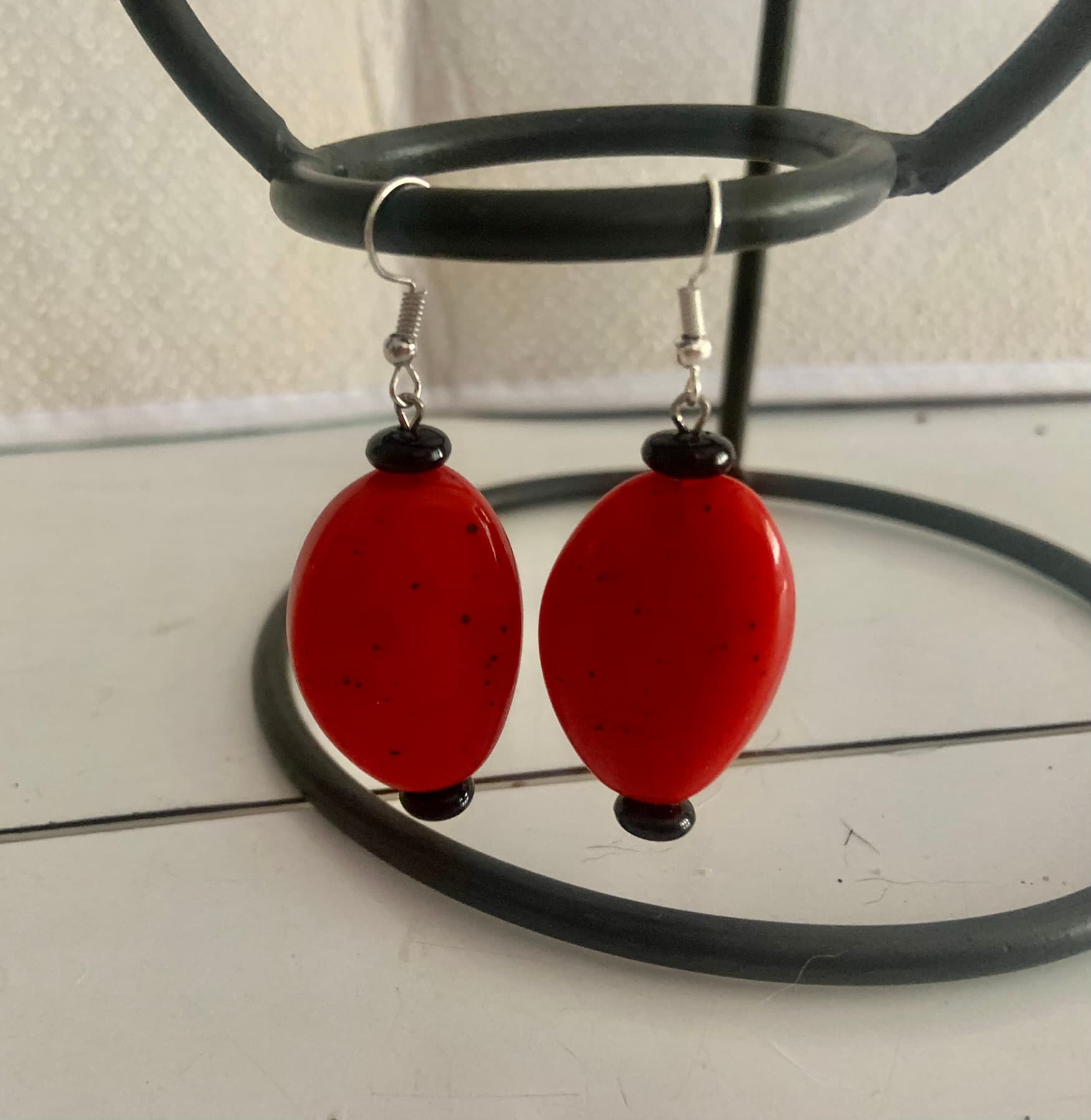 Silver Steel Earrings with Big Red Bead