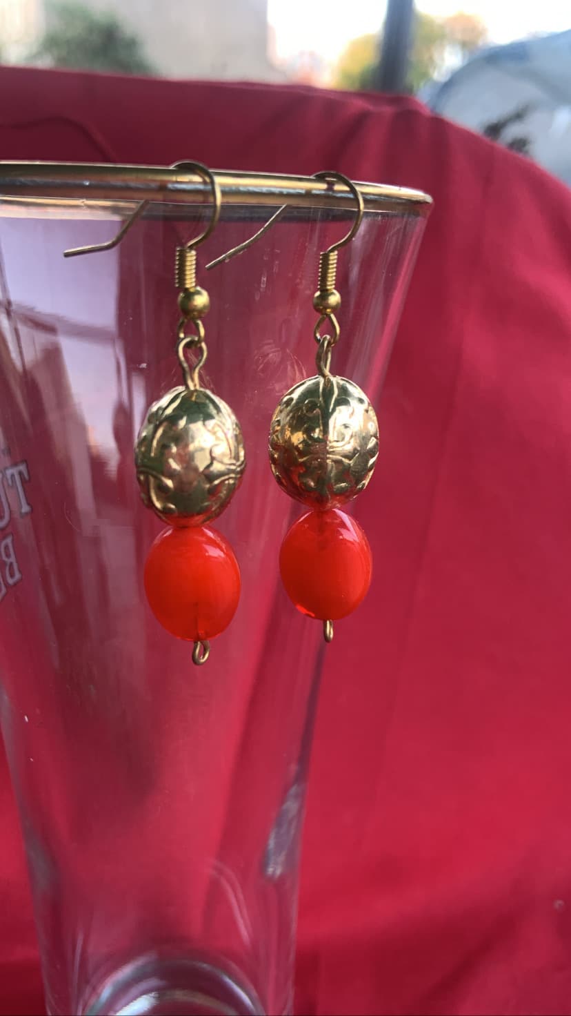 Earrings with Glass Beads on Red and Metal Gold Tone