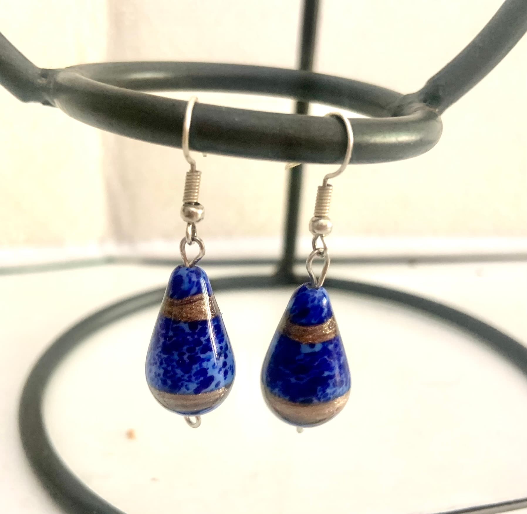 Silver Steel Earrings with Blue Murano Bead