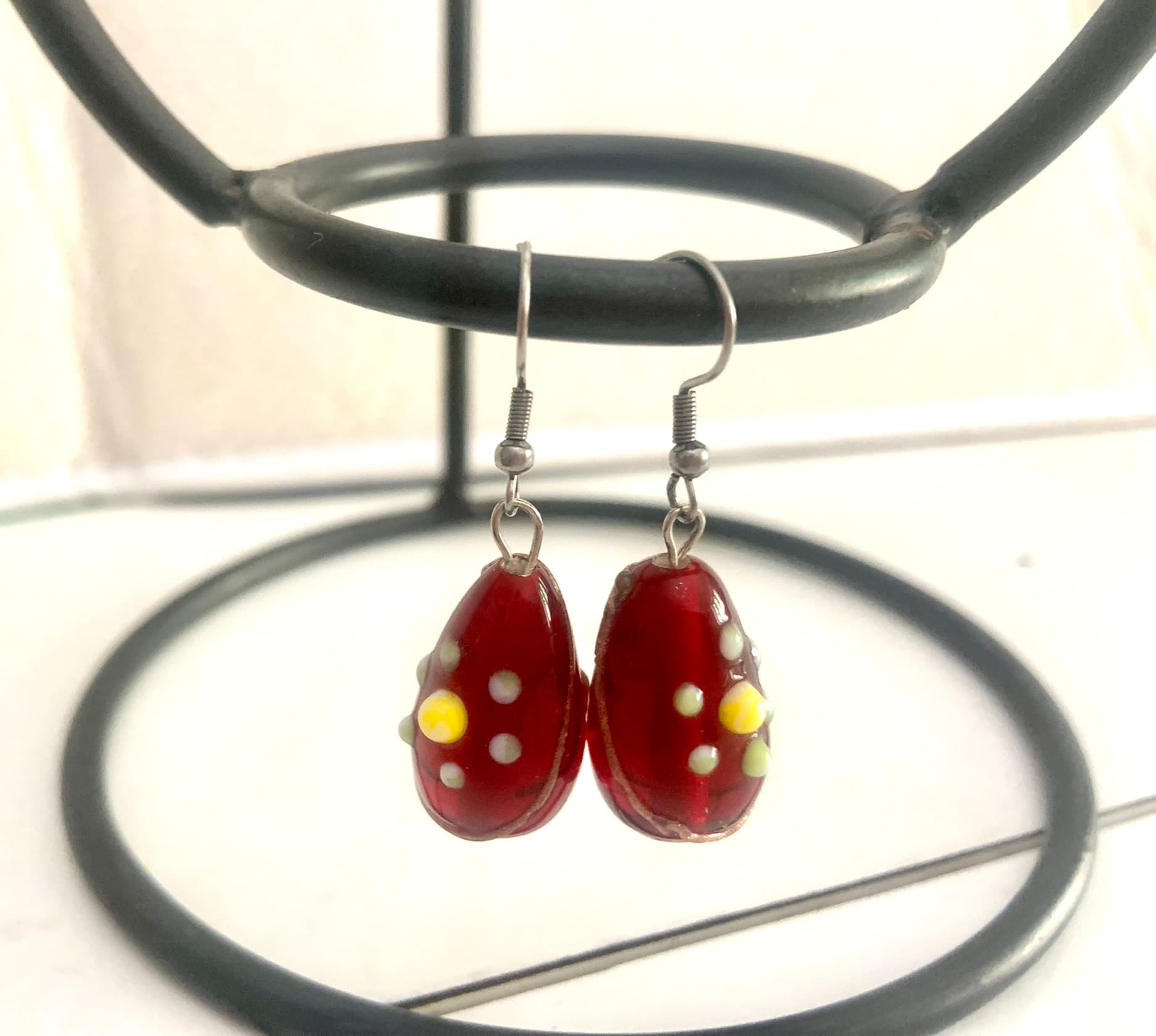 Silver Steel Earrings with Red Murano Bead 