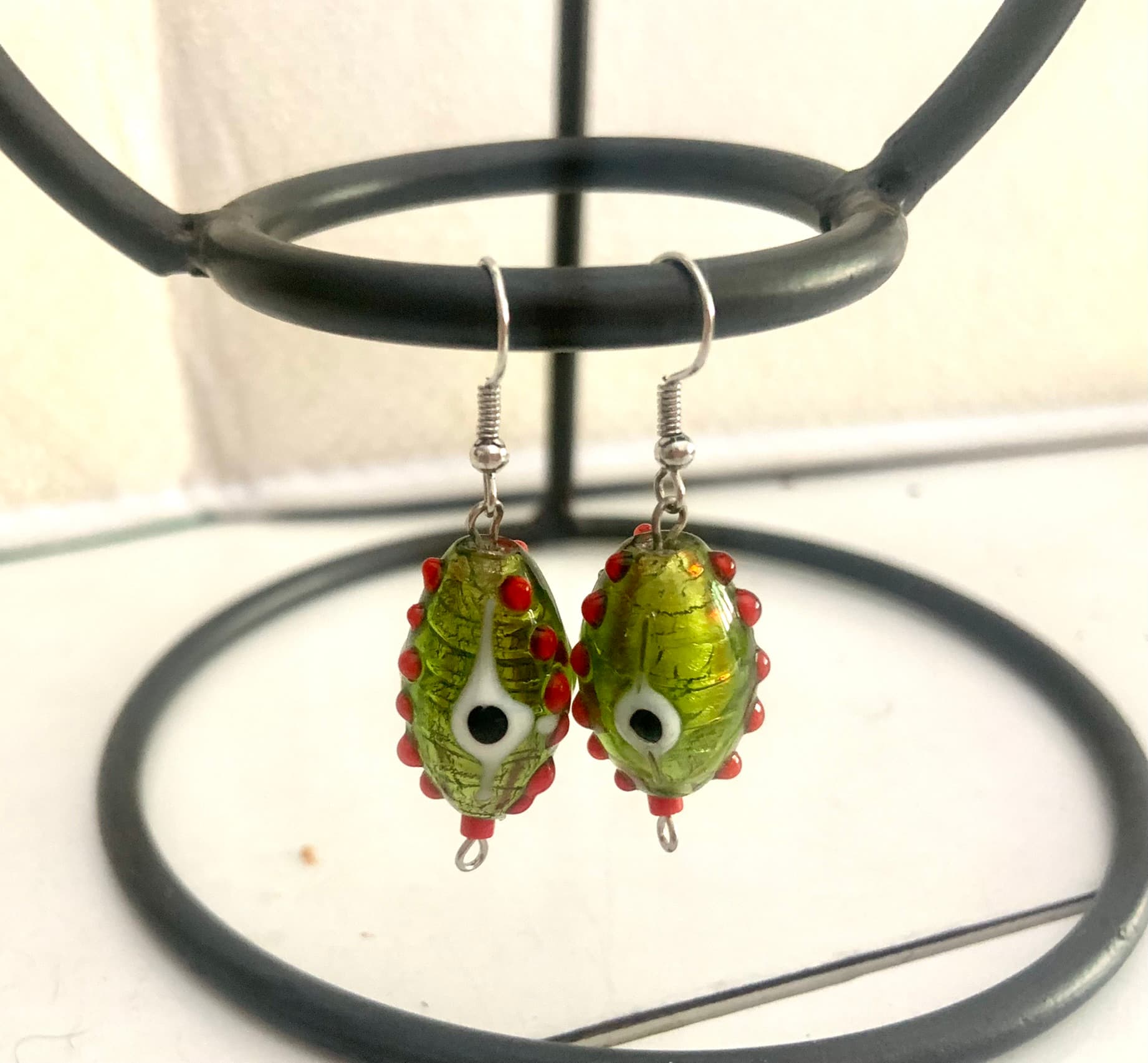 Silver Steel Earrings with Green Murano Bead