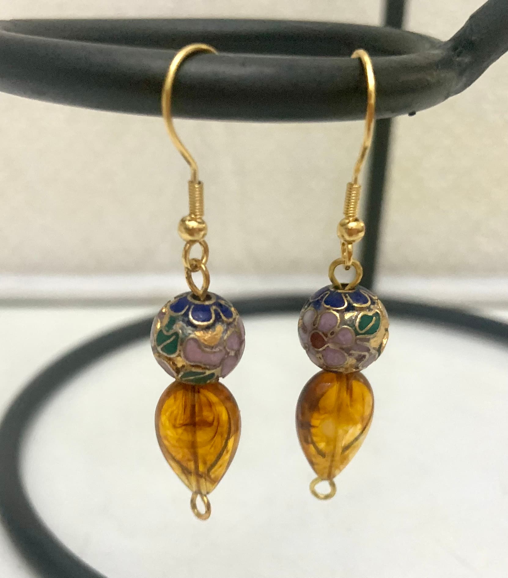 Gold Steel Earrings with Cloisone and Amber Tone Beads 2