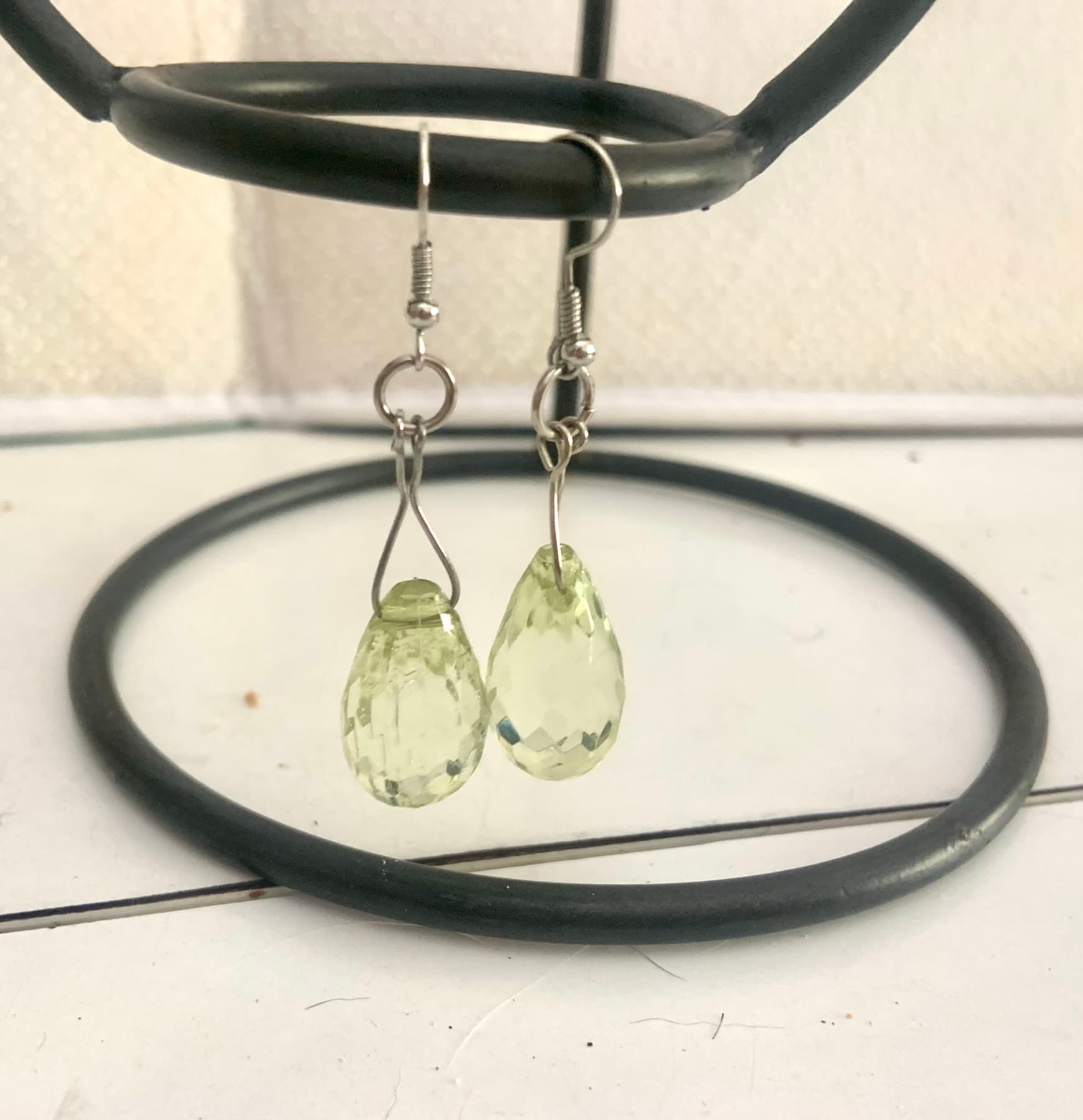 Silver Steel Earrings with Green Glass Tear Drop