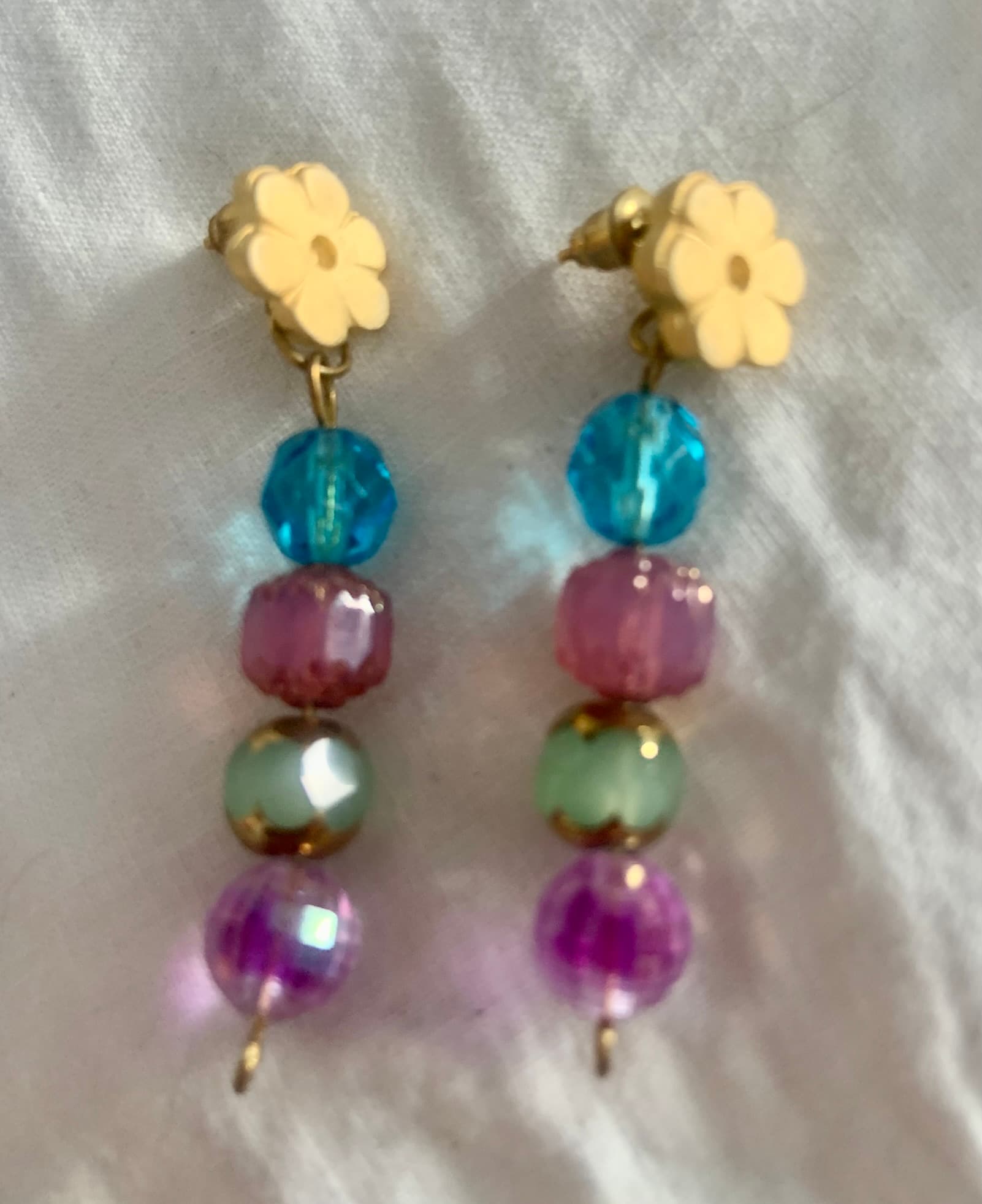 Earrings with Blue, Pink, Green and Purple Beads