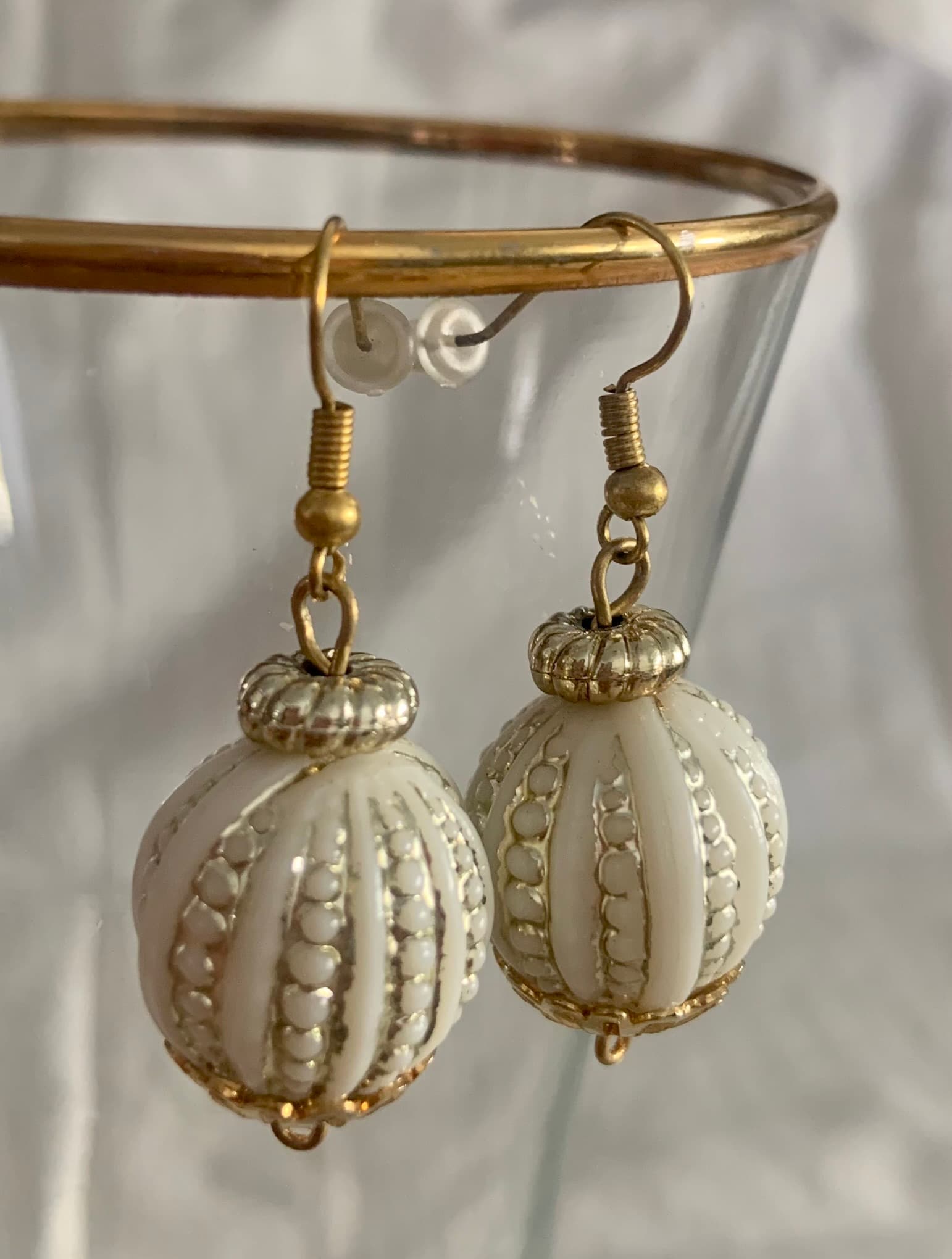 Earrings with White and Gold Beads