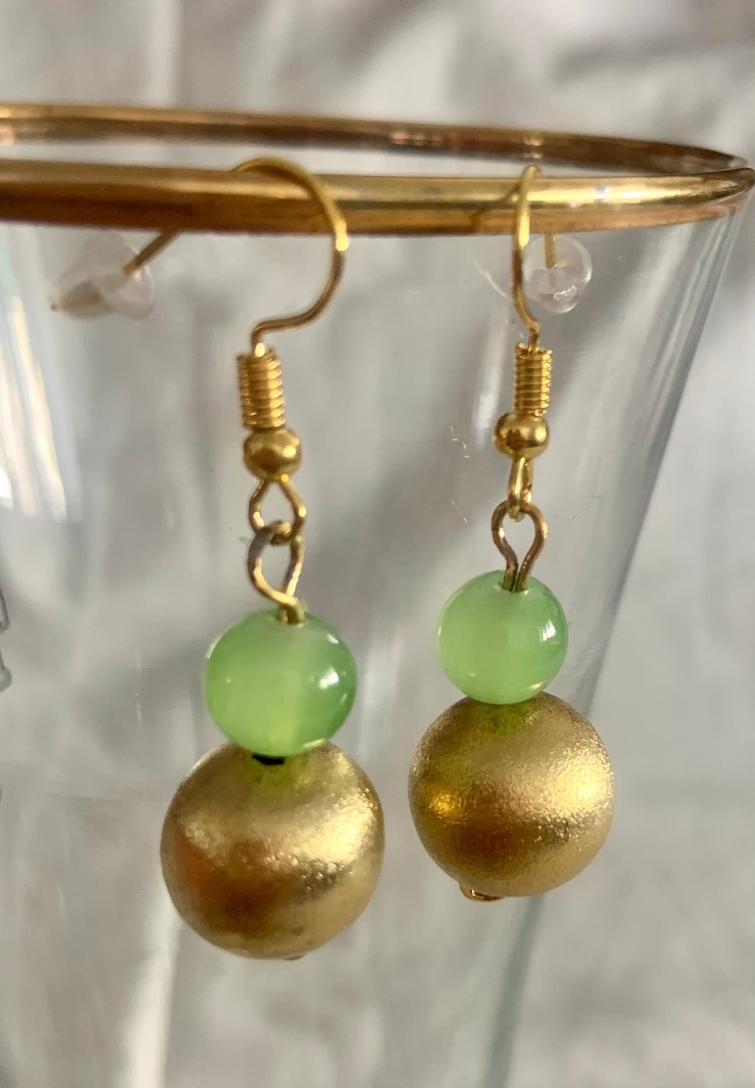 Earrings with Green and Gold Tone Beads