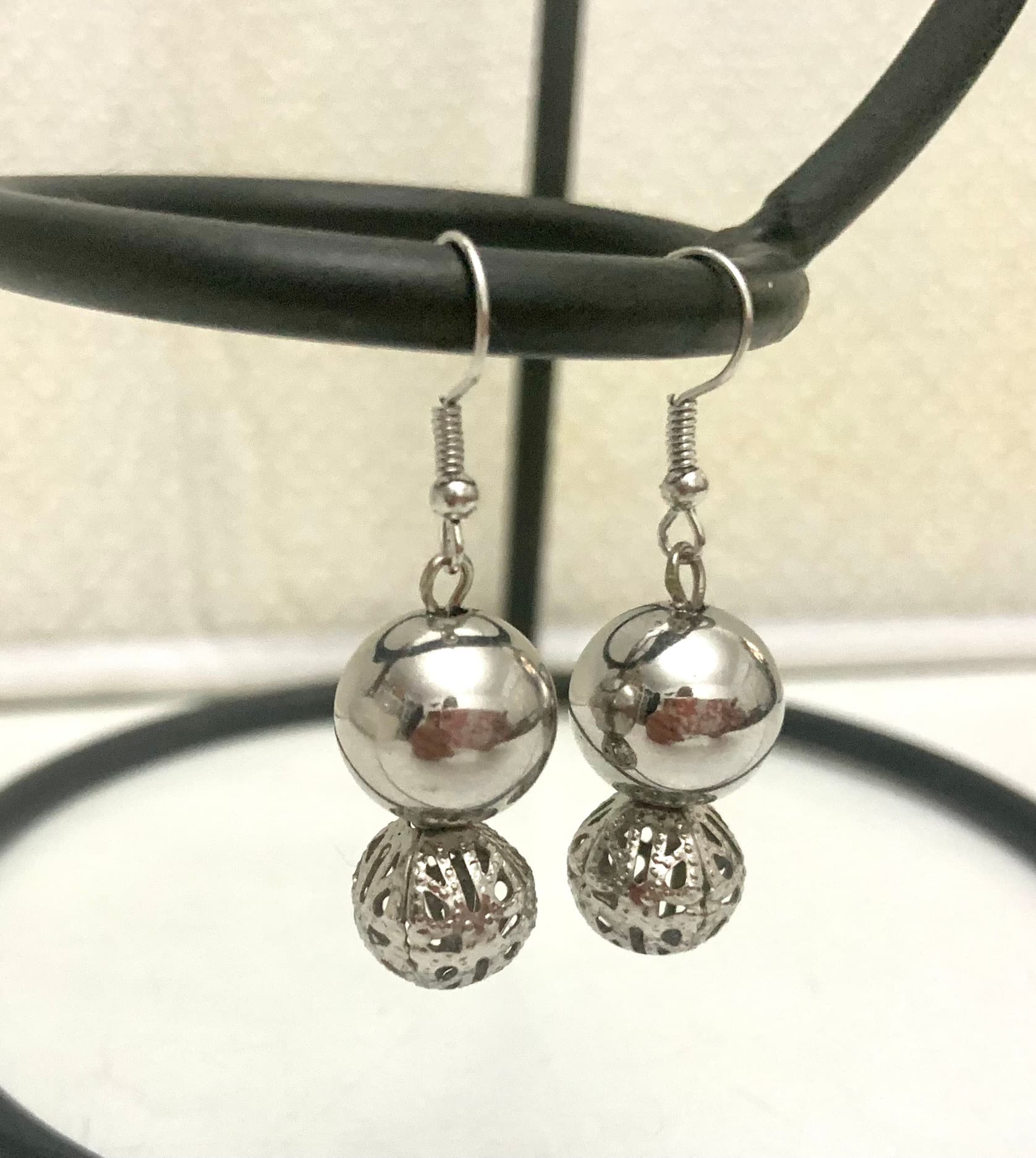 Silver Steel Earrings with Silver Beads