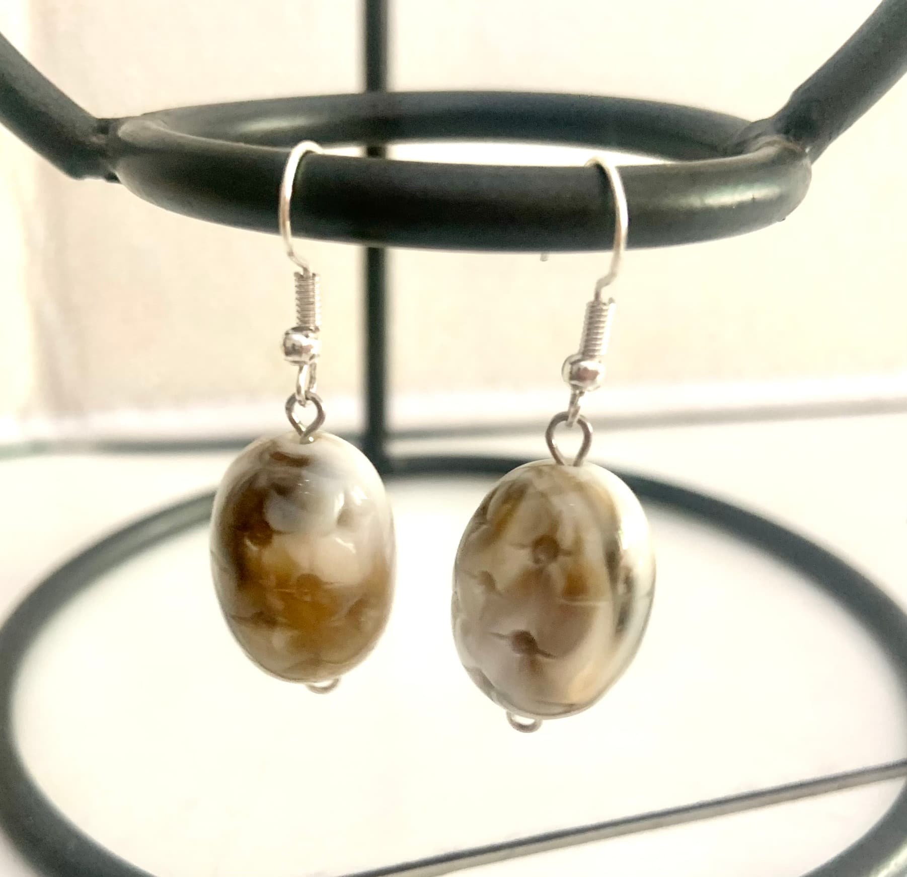 Silver Steel Earrings with Marble Tone Bead 