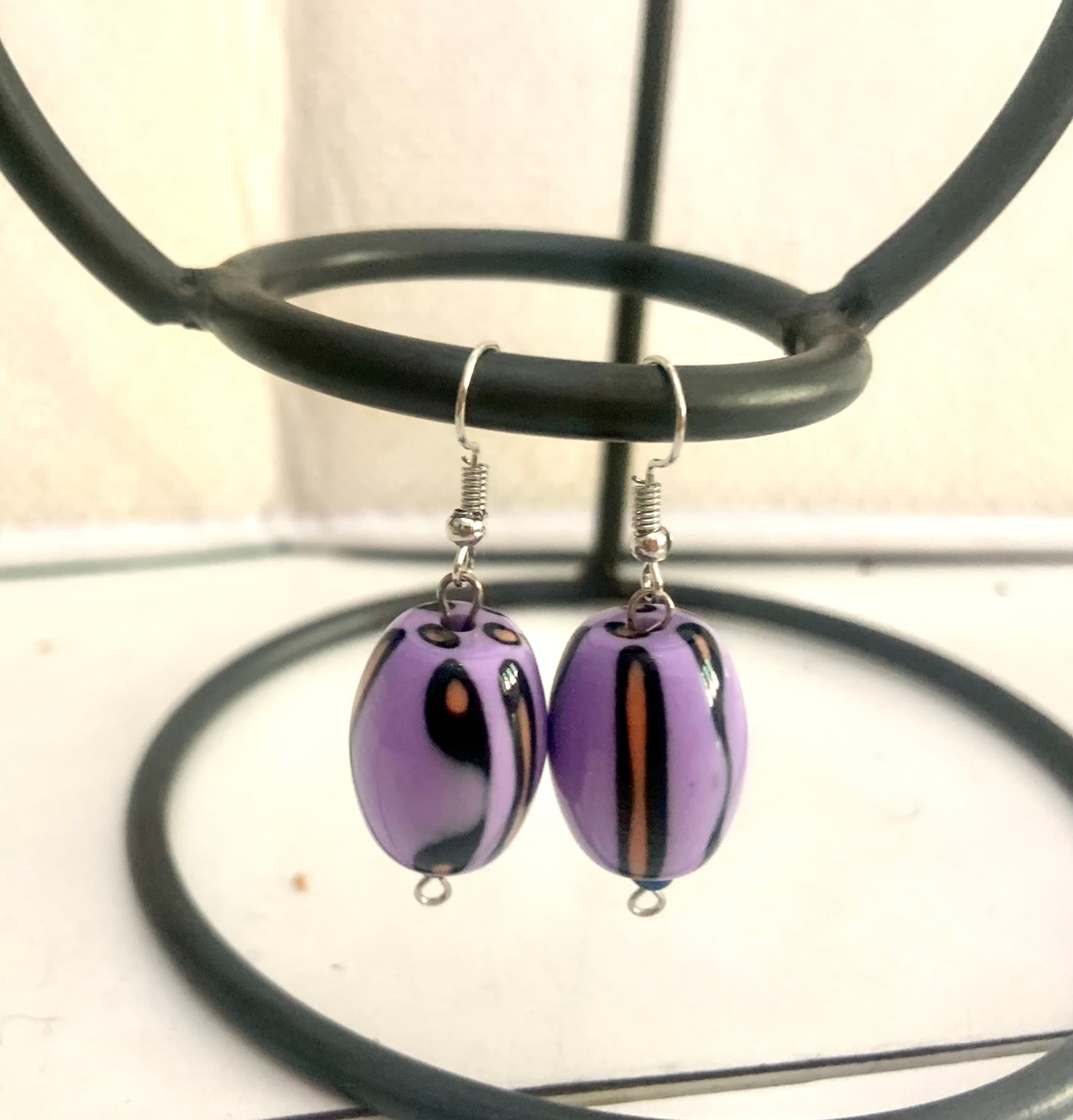 Silver Steel Earrings with Purple Vintage Bead