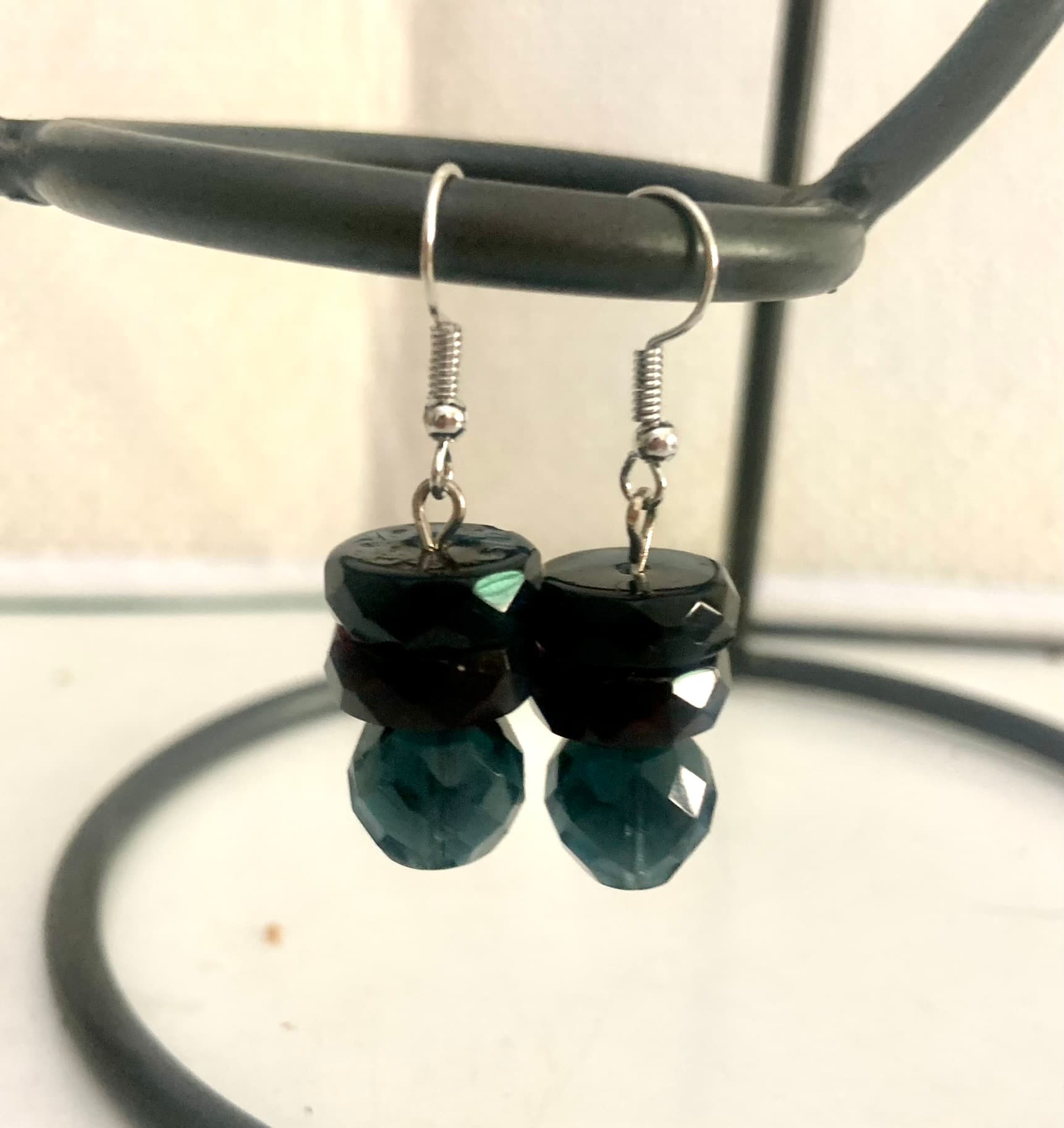 Silver Steel Earrings with Blue Glass Beads