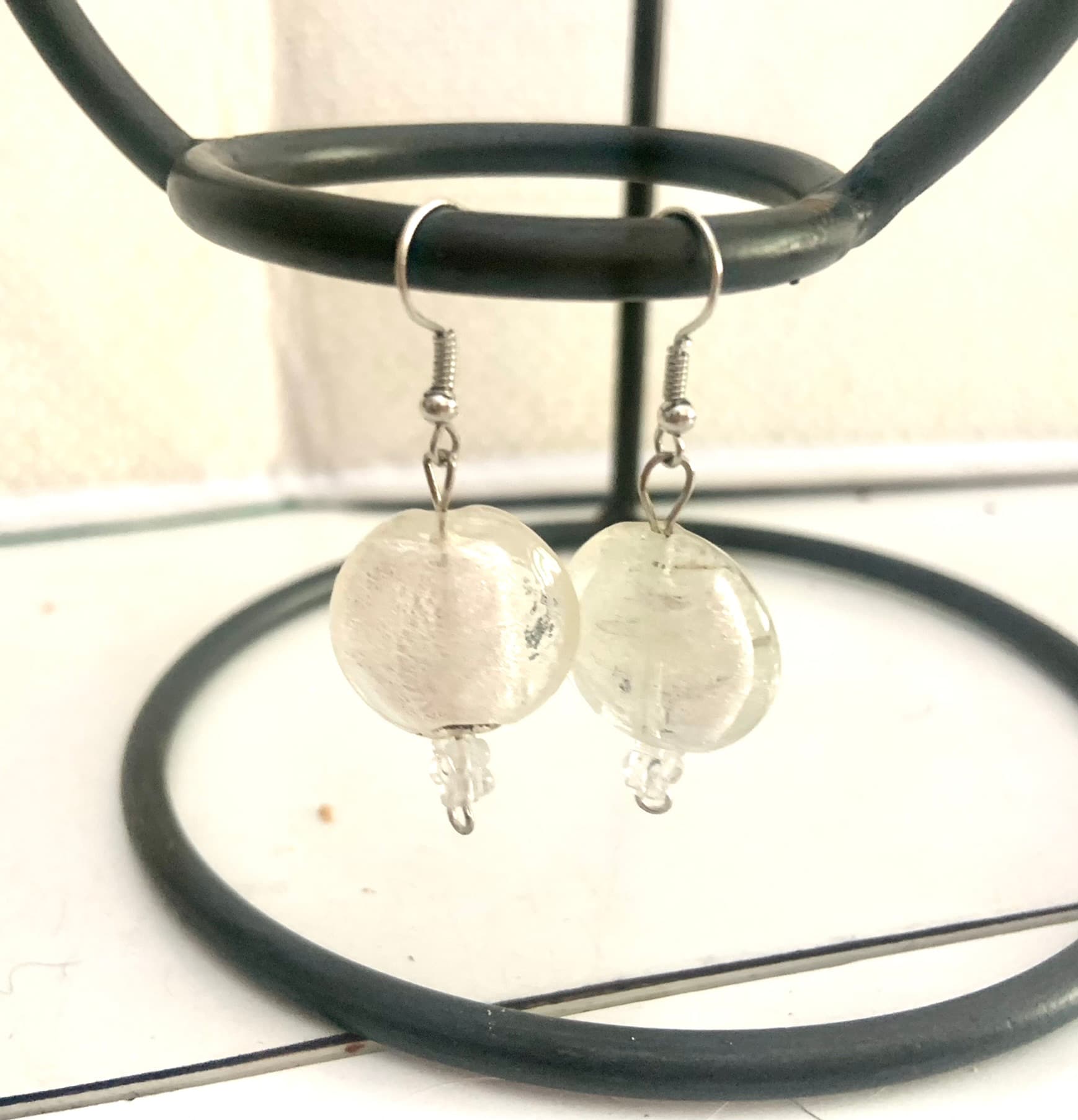 Silver Steel Earrings with White Murano Round Bead