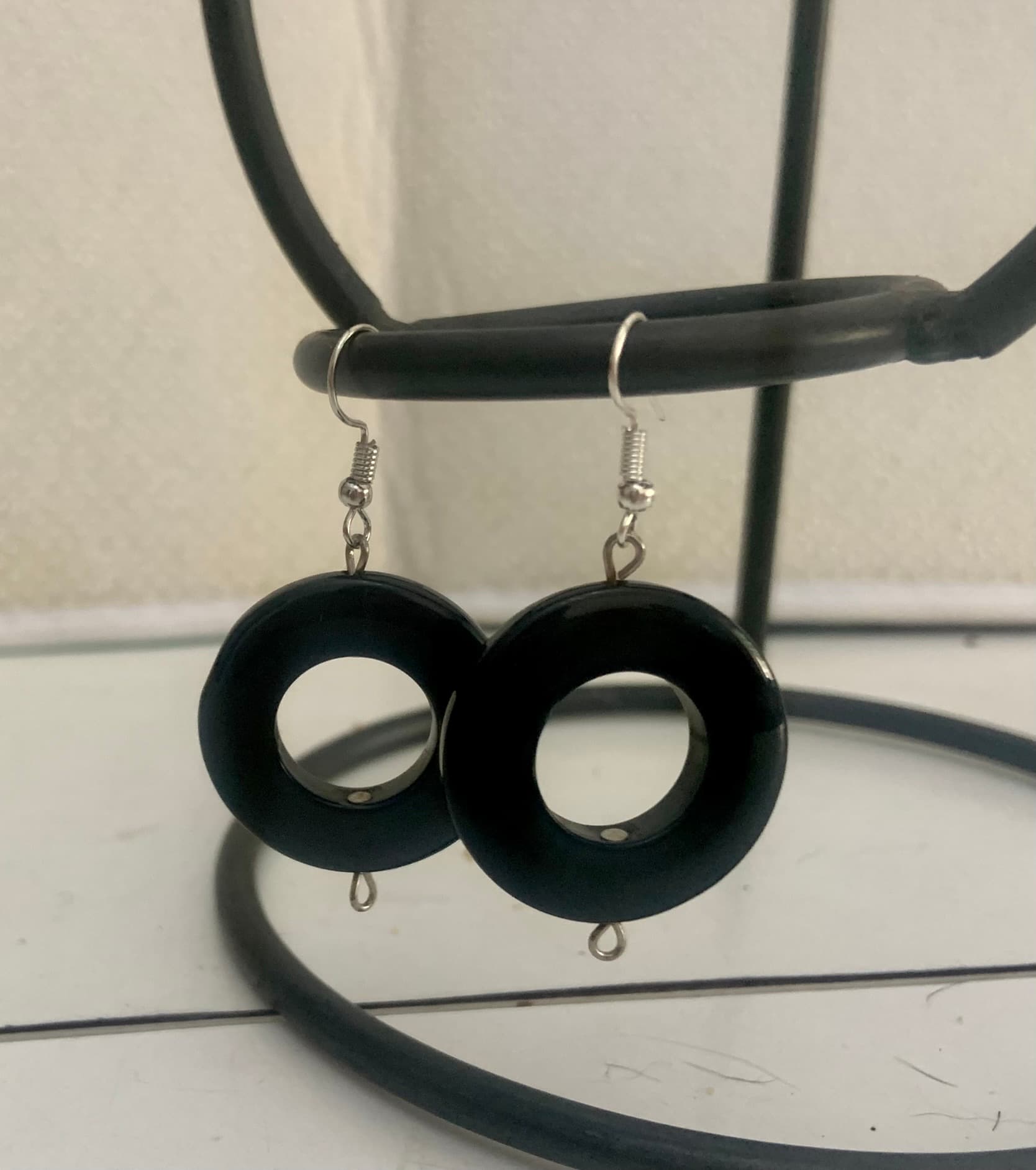 Silver Steel Earrings with Black Round Stone