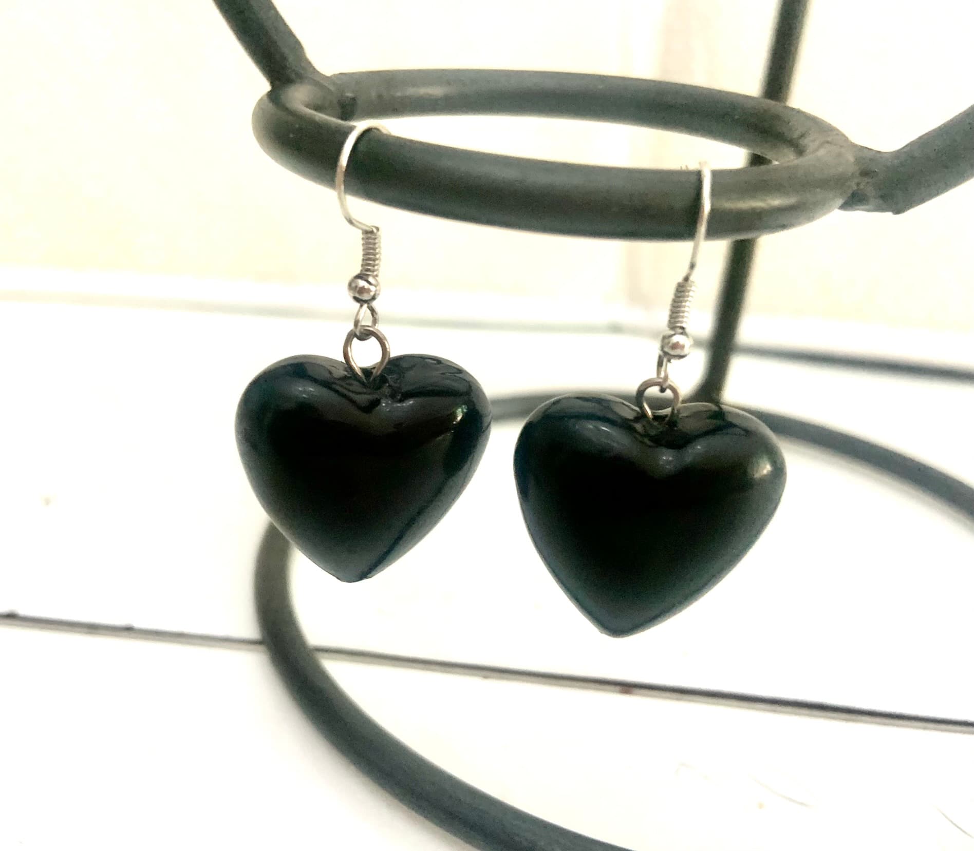 Silve Steel Earrings with Big Black Heart