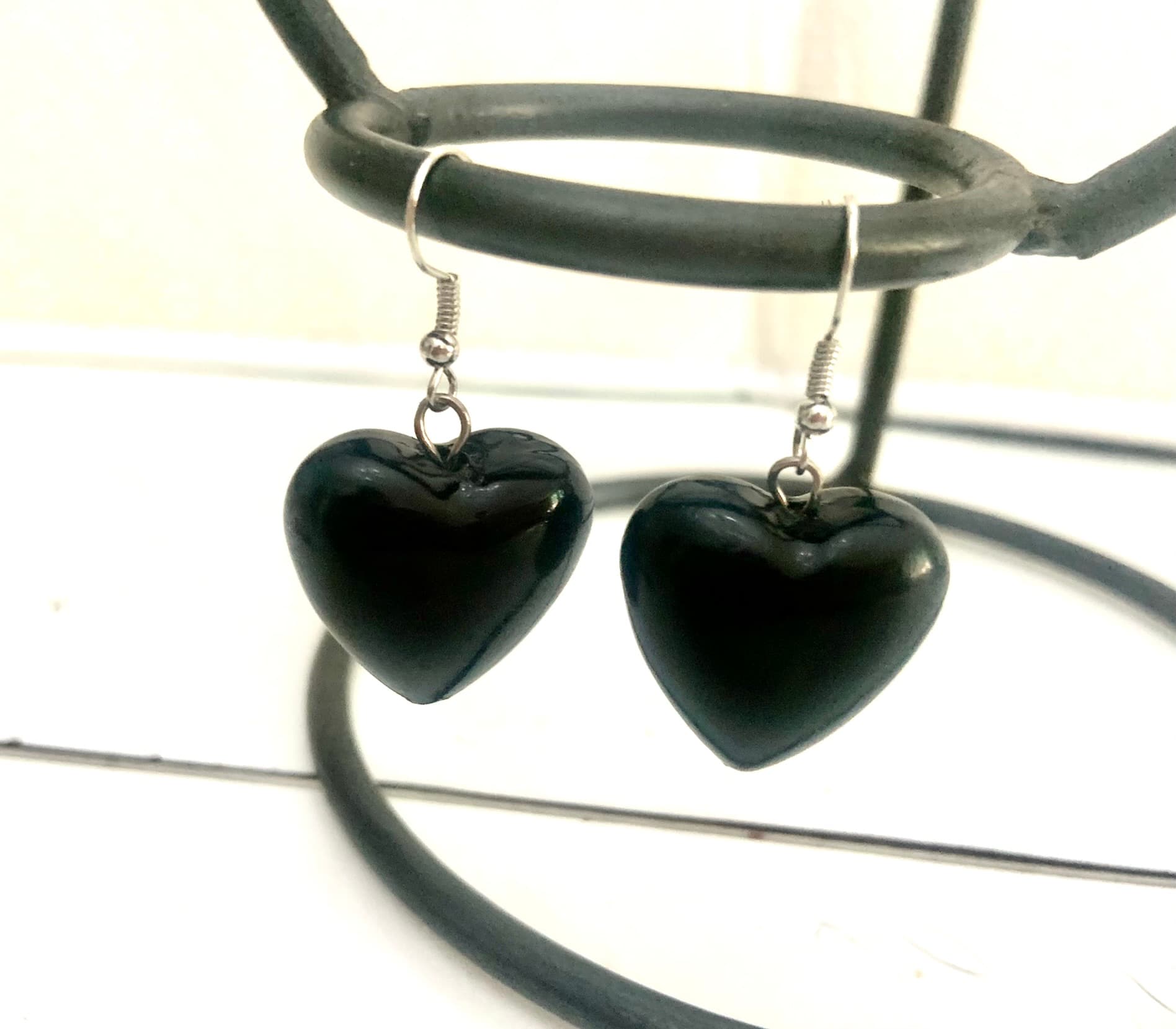 Silve Steel Earrings with Big Black Heart