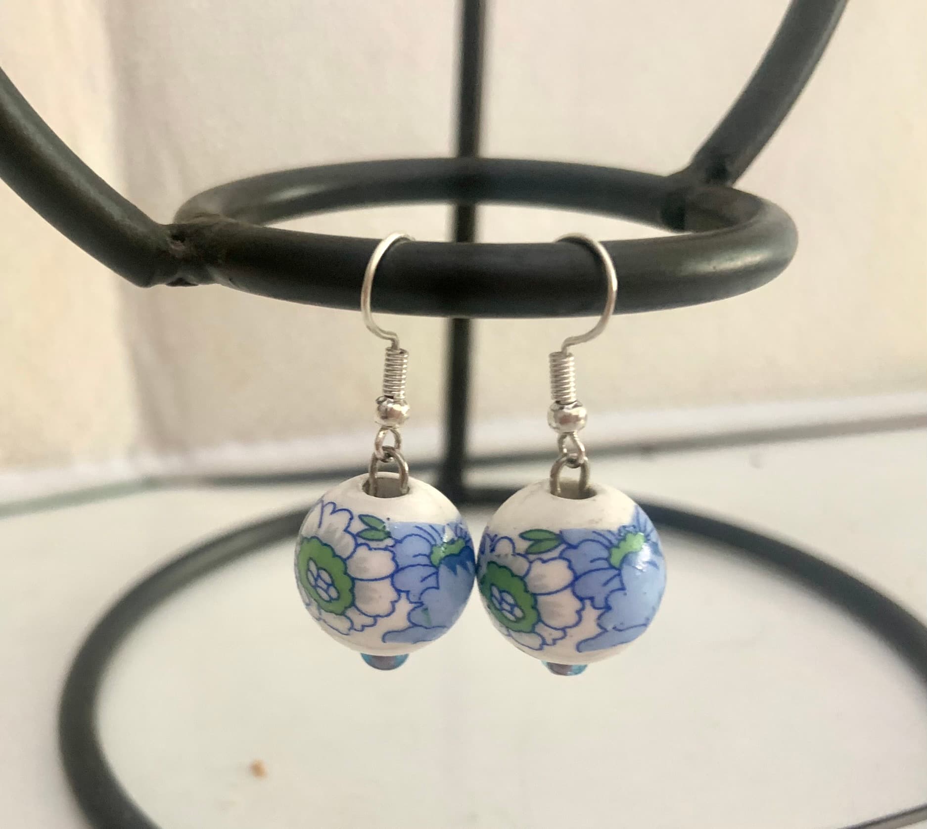 Silver Steel Earrings with Blue Flowers Bead 