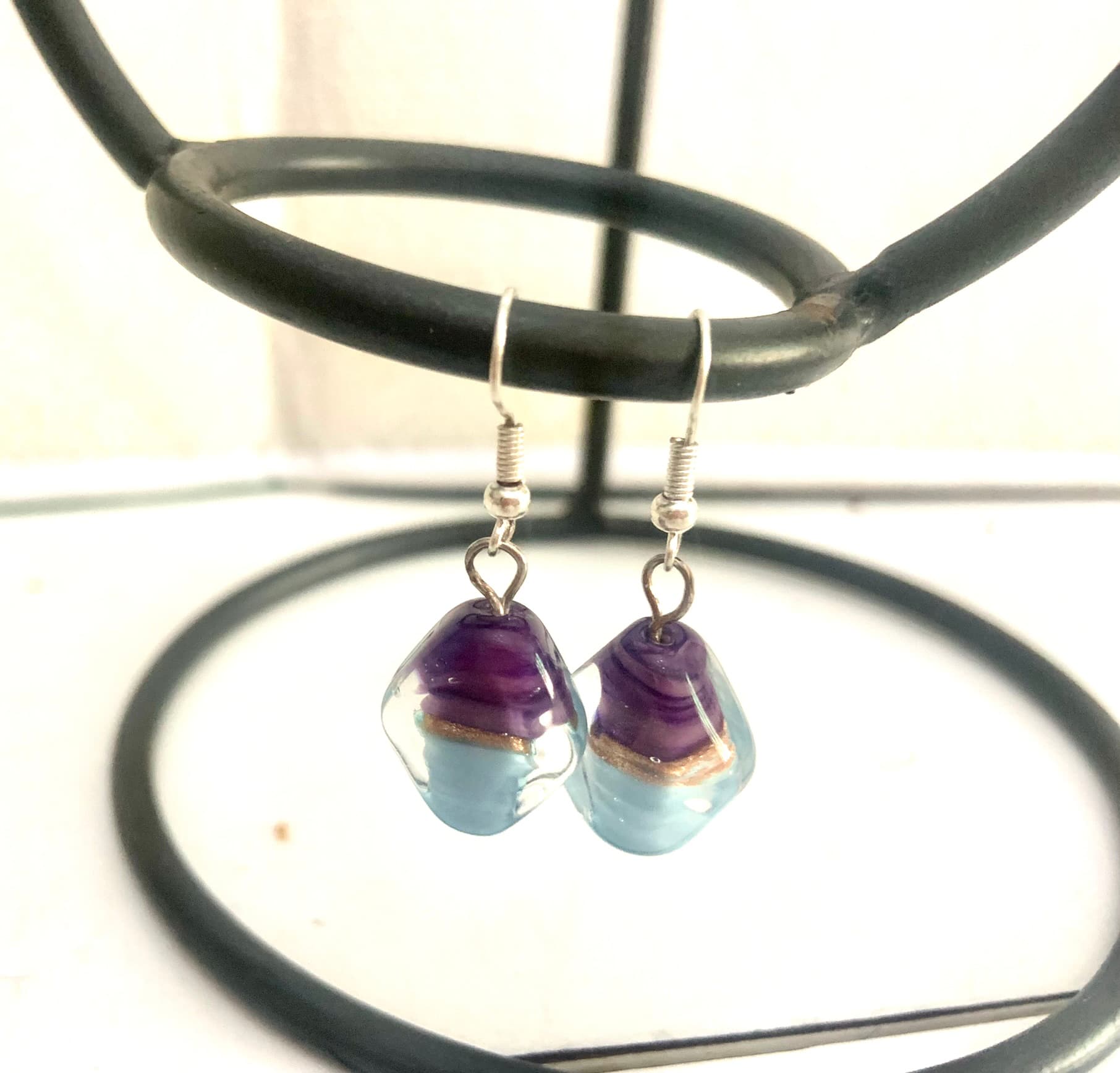 Silver Steel Earrings with Murano Bead Purple and Blue