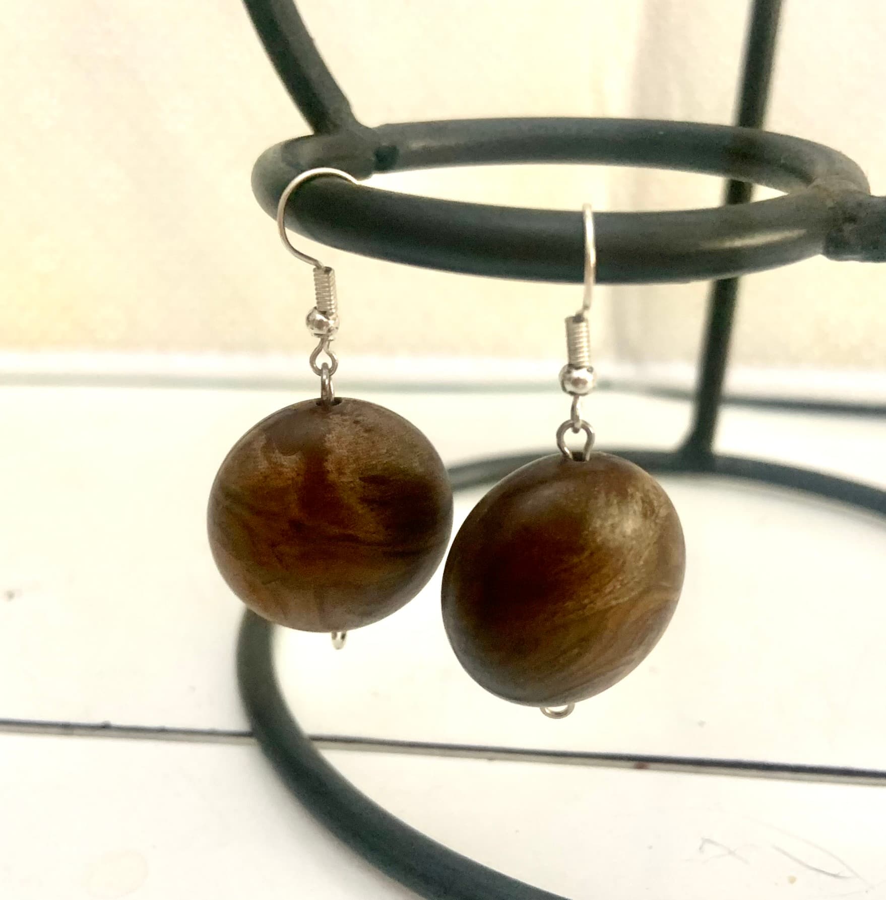 Silver Steel Earrings with Big Wood Bead