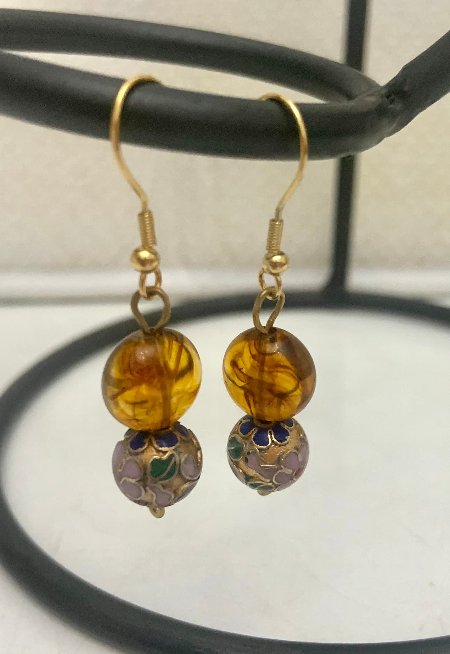 Gold Steel Earrings with Cloisone and Amber Tone Beads