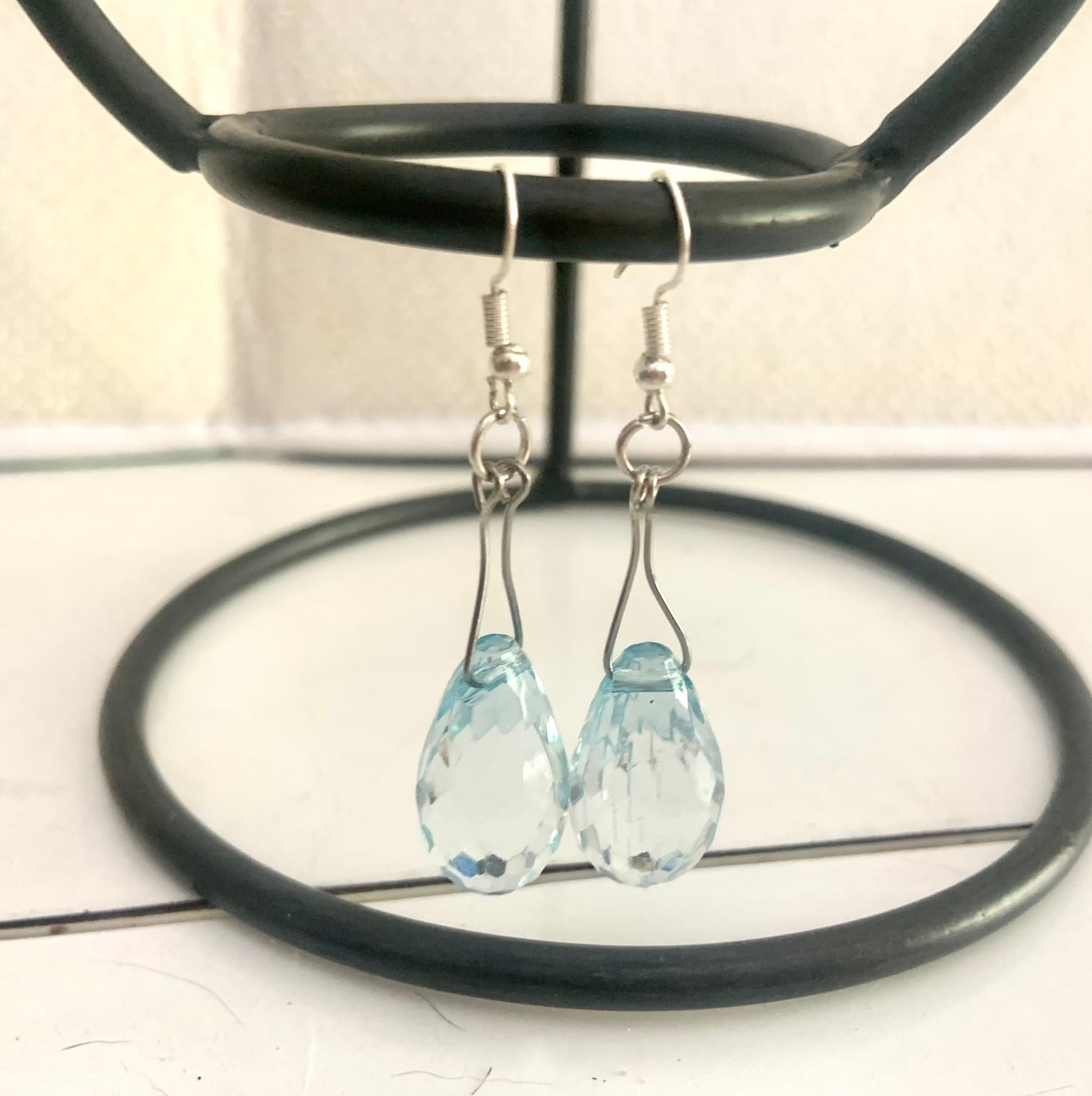 Silver Steel Earrings with Blue Glass Tear Drop