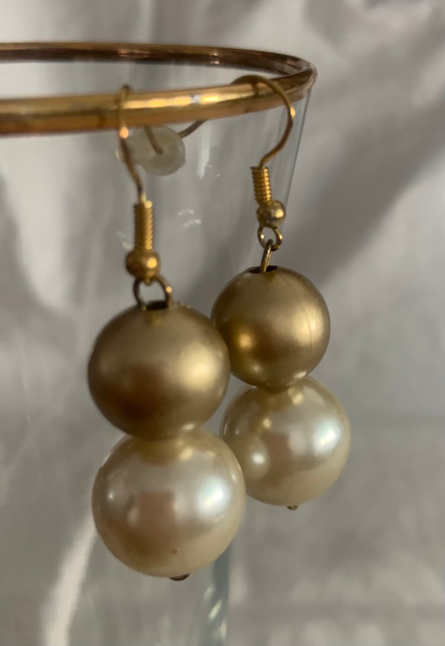 Earrings with Big Pearl and Gold Tone Bead