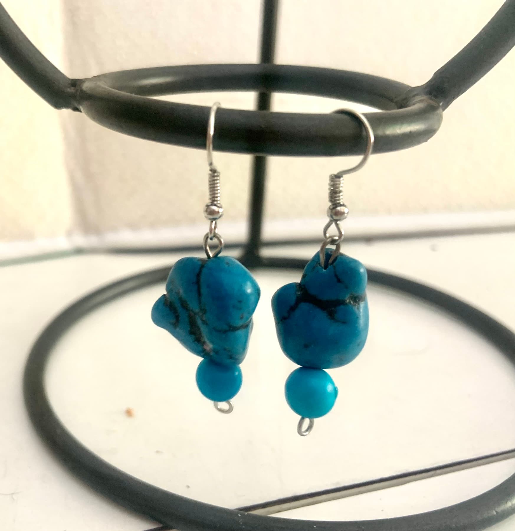 Silver Steel Earrings with Blue Turquoise Beads