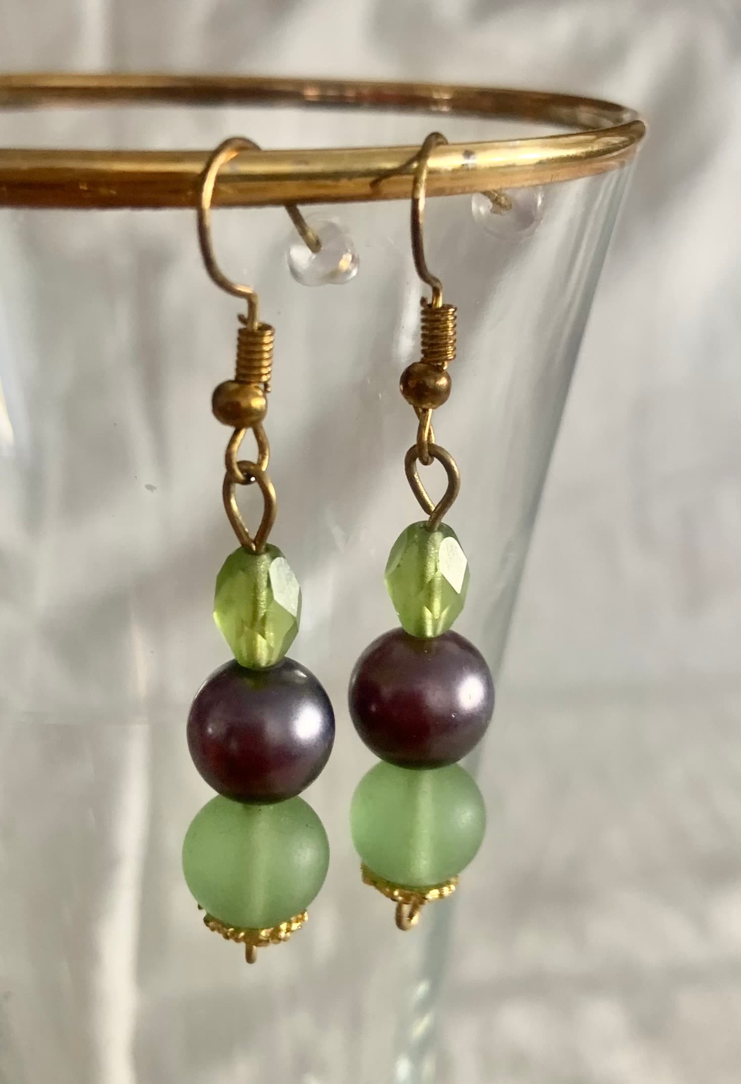 Earrings with Green and Purple Beads