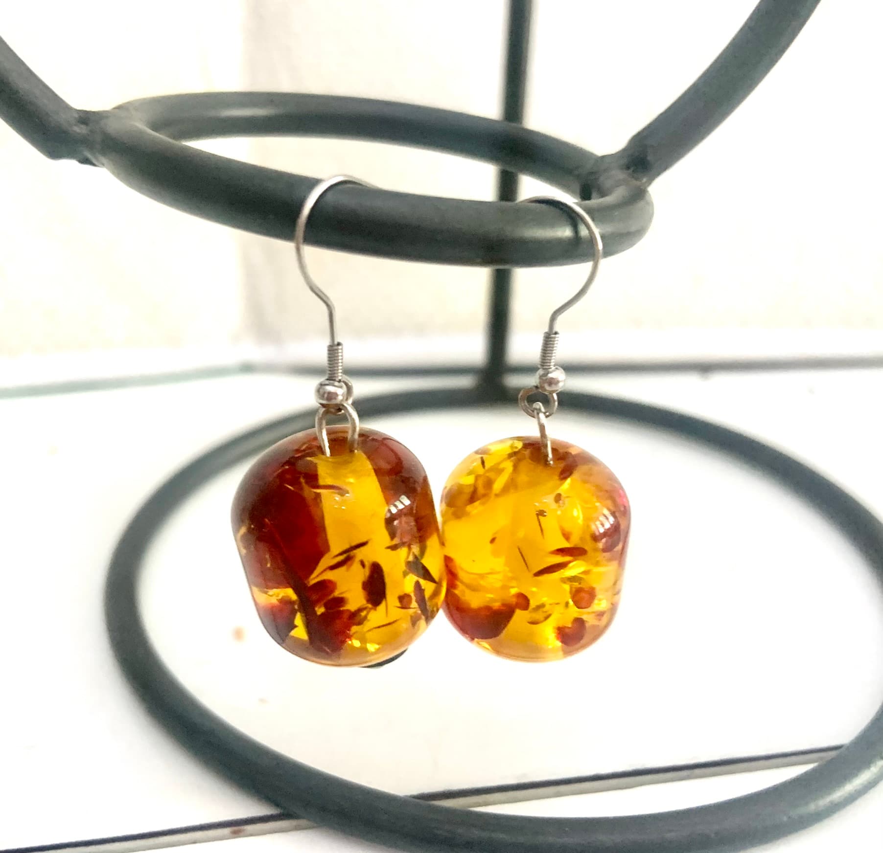 Silver Steel Earrings with Yellow Amber Tone Bead