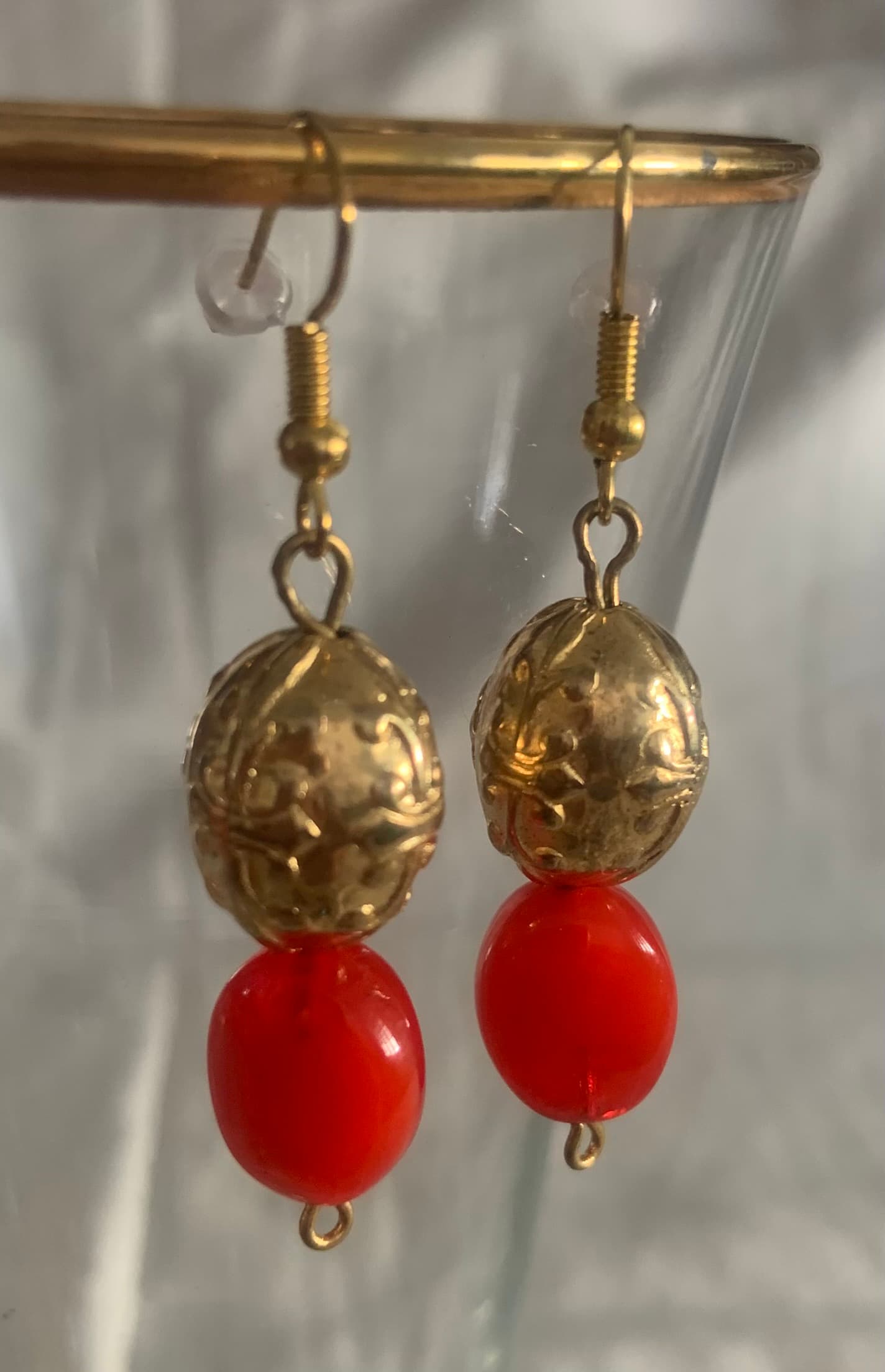 Earrings with Red and Gold Tone Beads